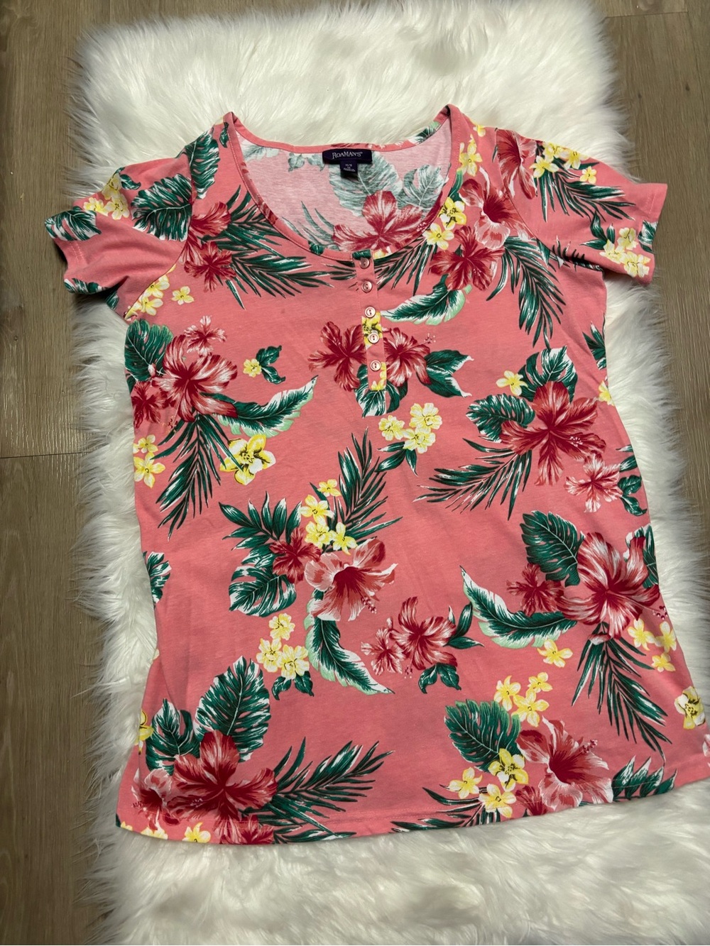 Roaman’s Coral Tropical Henley Short Sleeve Tee - Picture 3 of 6